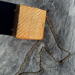 Marcel Woven Straw Box Clutch with Gold Chain